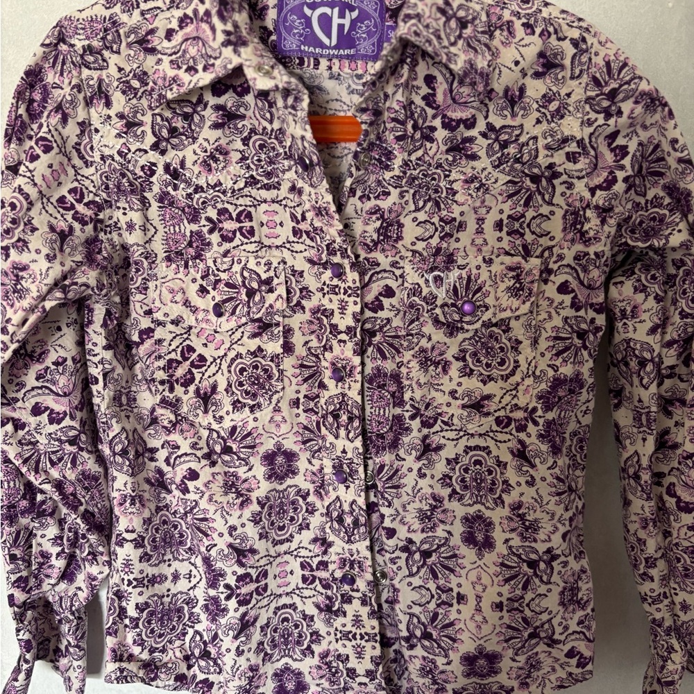 Cowgirl Hardware Purple Paisley Pearl Snap Western Shirt – Girls Small (SM)